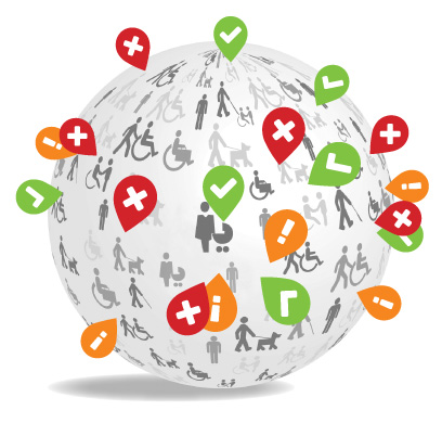 Globus in welchem lauter Pins stecken. Die Pins haben unterschiedliche Farben: rot (nicht zugänglich), orange (teilweise zugänglich), grün (zugänglich).